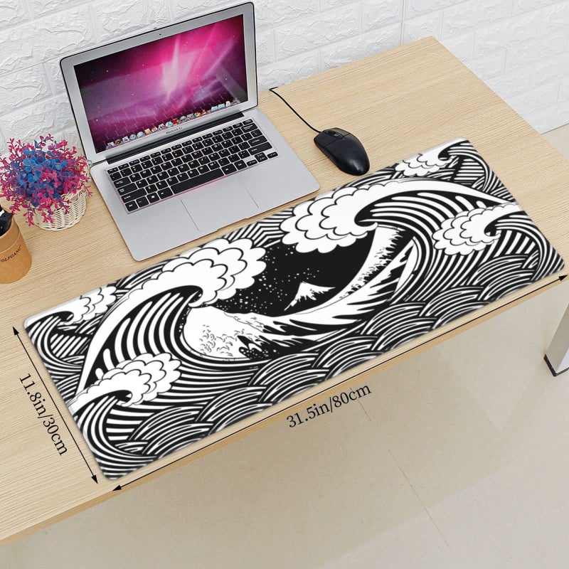 MOLIAN Black and White Japanese Wave Gaming Mouse Pad XL  Large Non Slip Rubber Mousepad  Stitched Edges Desk Pad  Long Extended Mice Pad 31.5'' X 11.8'' - Image 3